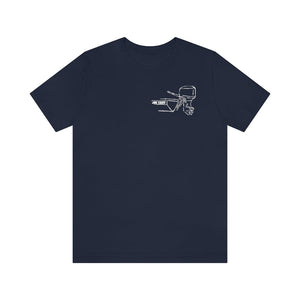 Navy blue cotton tee with a white outline graphic of a boat tiller and outboard motor.