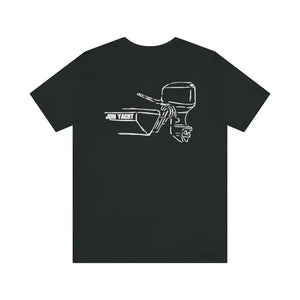 Black MERC Tiller short sleeve tee with white "JON YACHT" boat and outboard motor graphic.