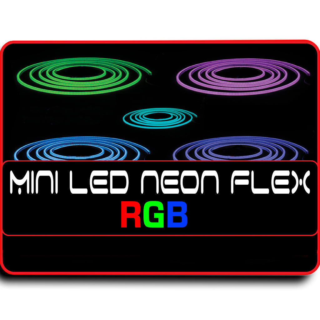 Coiled RGB MINI LED Neon Flex in green, purple, light blue, and dark blue, showcasing multi-color changing capabilities.