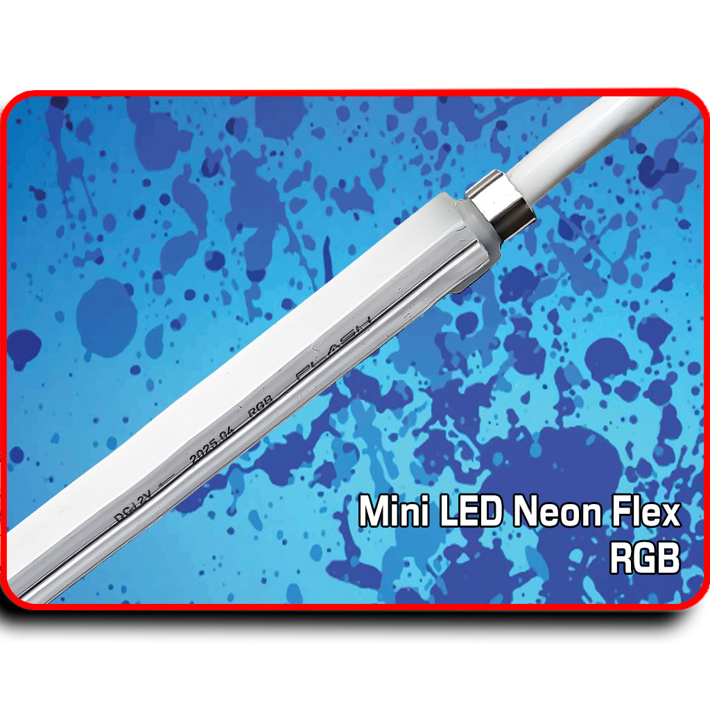 White MINI LED Neon Flex RGB strip with a silver connector, against a blue splatter background.