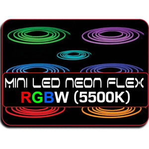 Coiled RGBW MINI LED Neon Flex in green, purple, blue, cyan, red, and orange against a dark background.