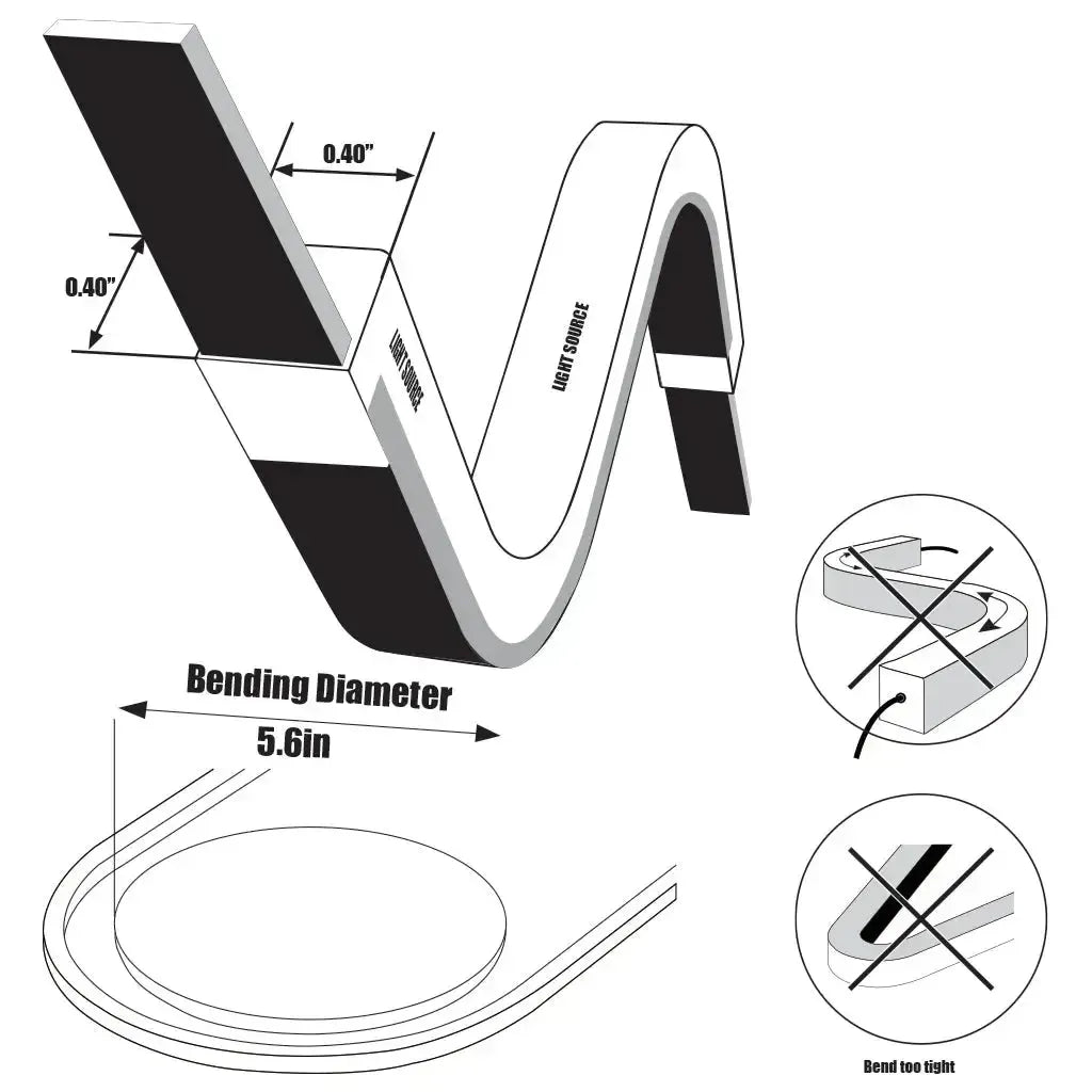 Diagram showing the MINI LED Neon Flex, highlighting its 0.40" x 0.40" dimensions, 5.6in bending diameter, and light source.