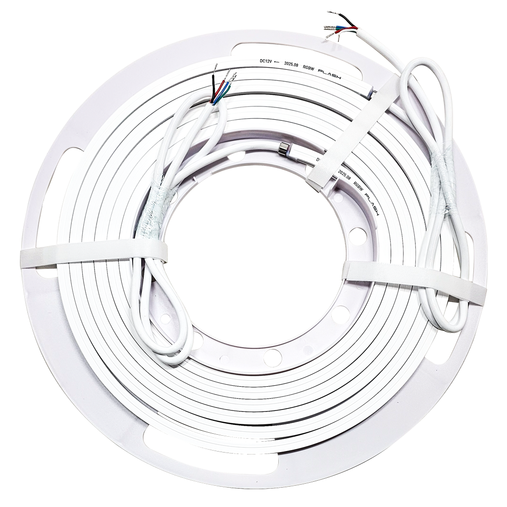 White coiled RGBW Mini LED Neon Flex on a spool with exposed wires, ready for installation.