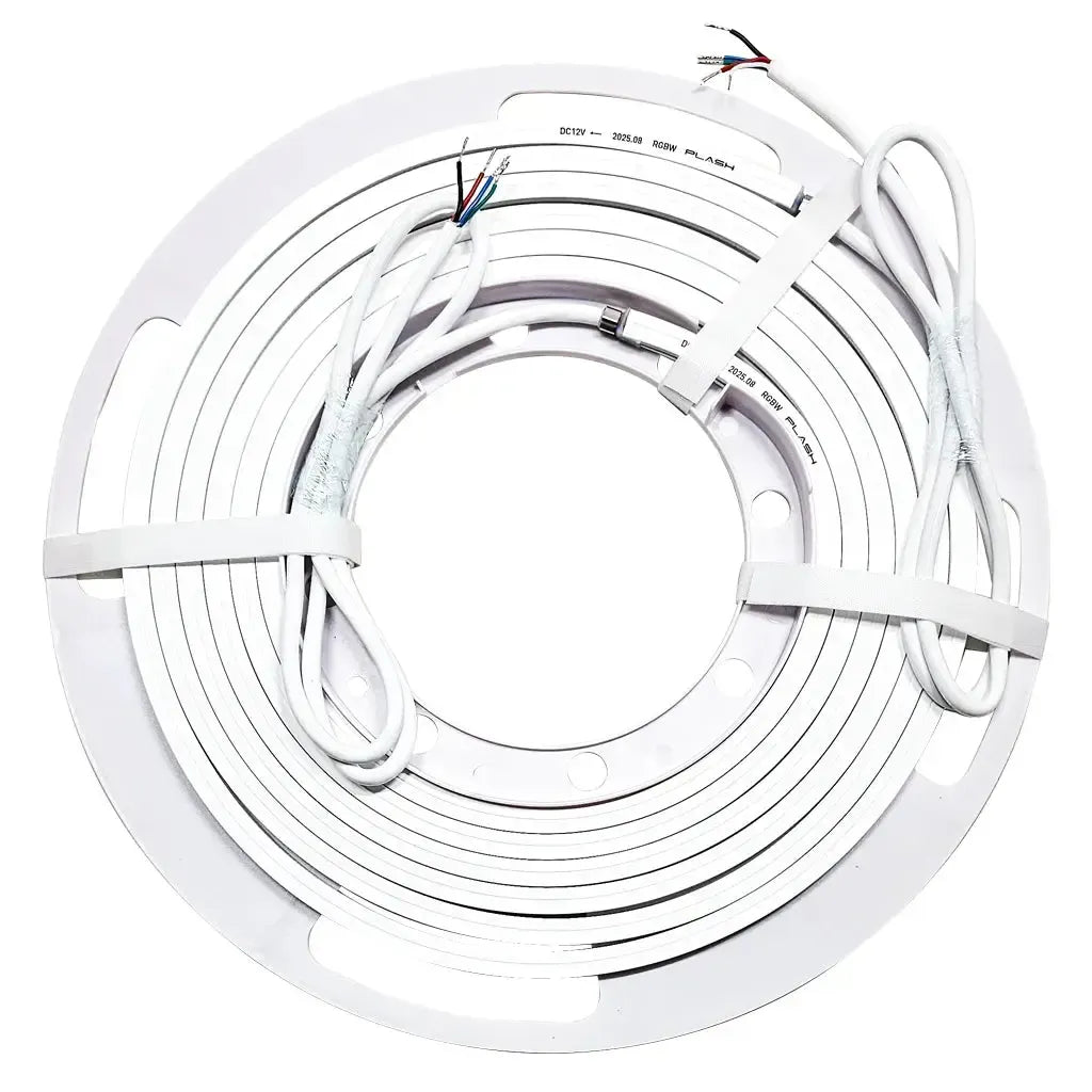 White coiled RGBW Mini LED Neon Flex on a spool with exposed wires, ready for installation.