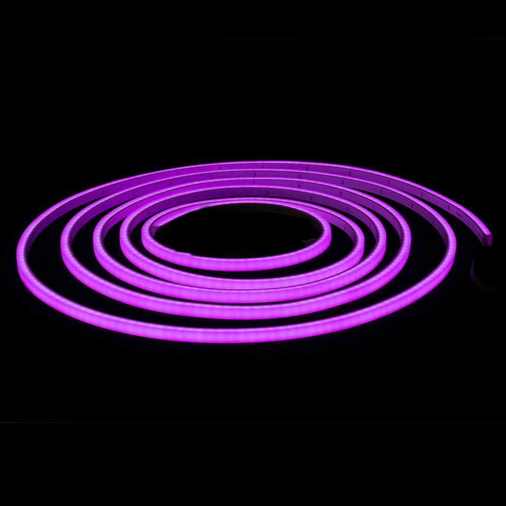 Coiled MINI LED Neon Flex glowing vibrant purple against a dark background, showcasing its flexible design.