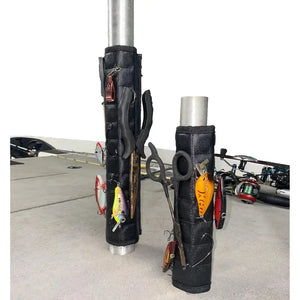 Black Magnalure magnetic wraps on boat pedestals, holding fishing lures, pliers, and scissors.