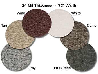 MariDeck Marine Vinyl Boat Flooring color swatches: Wine, White, Camo, OD Green, Gray, and Tan.