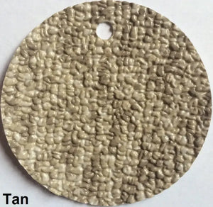 Close-up of a round sample of Tan MariDeck Marine Vinyl Boat Flooring with a textured, slip-resistant surface.