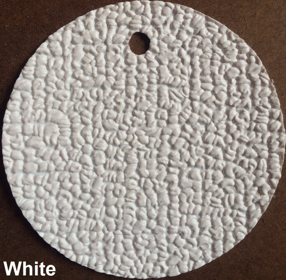White MariDeck Marine Vinyl Boat Flooring swatch with a textured, slip-resistant surface and a hang hole.