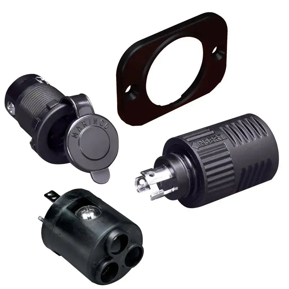 Marinco ConnectPro black charging-trolling receptacle, plug, and 6-gauge adapter kit with mounting plate.