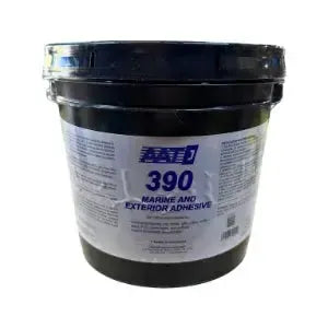 Black AAT 390 Marine and Exterior Adhesive, 1-gallon bucket.