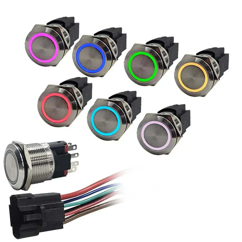 Stainless steel marine push button switches with RGB LED rings in various colors, 22mm diameter.