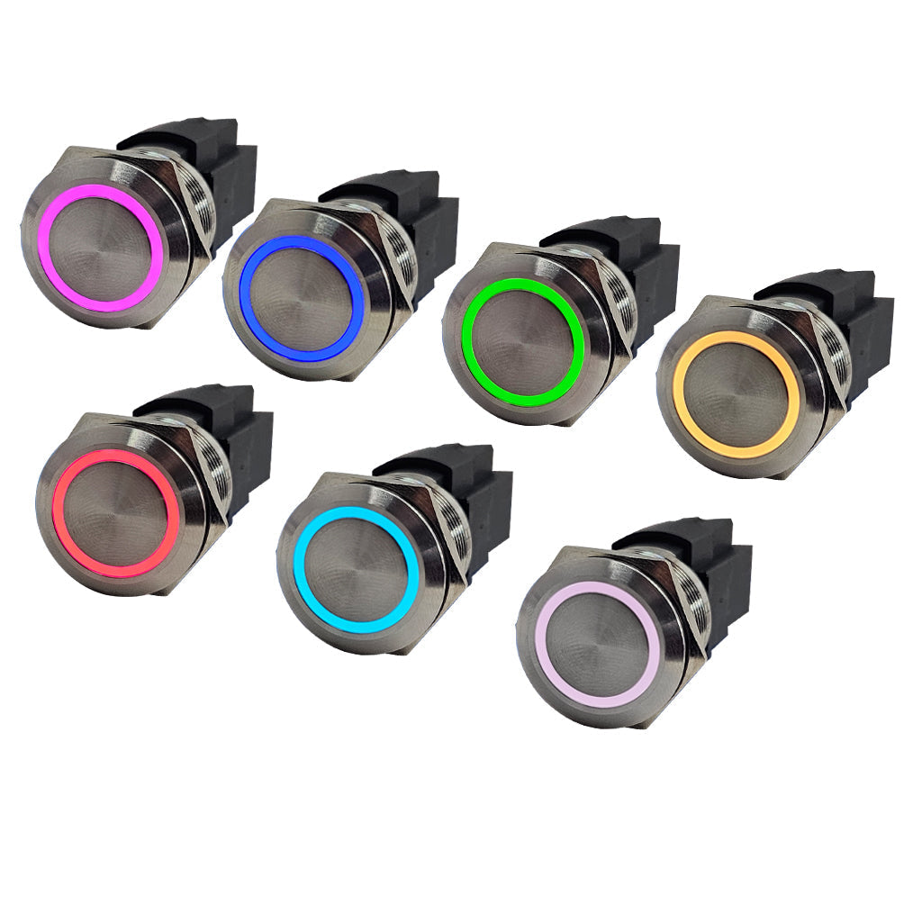 Seven stainless steel marine push button switches with RGB LED backlit rings in various colors.