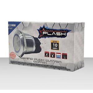 Plash Marine RGB push button switch with stainless steel housing, 22mm diameter, 10A rated.