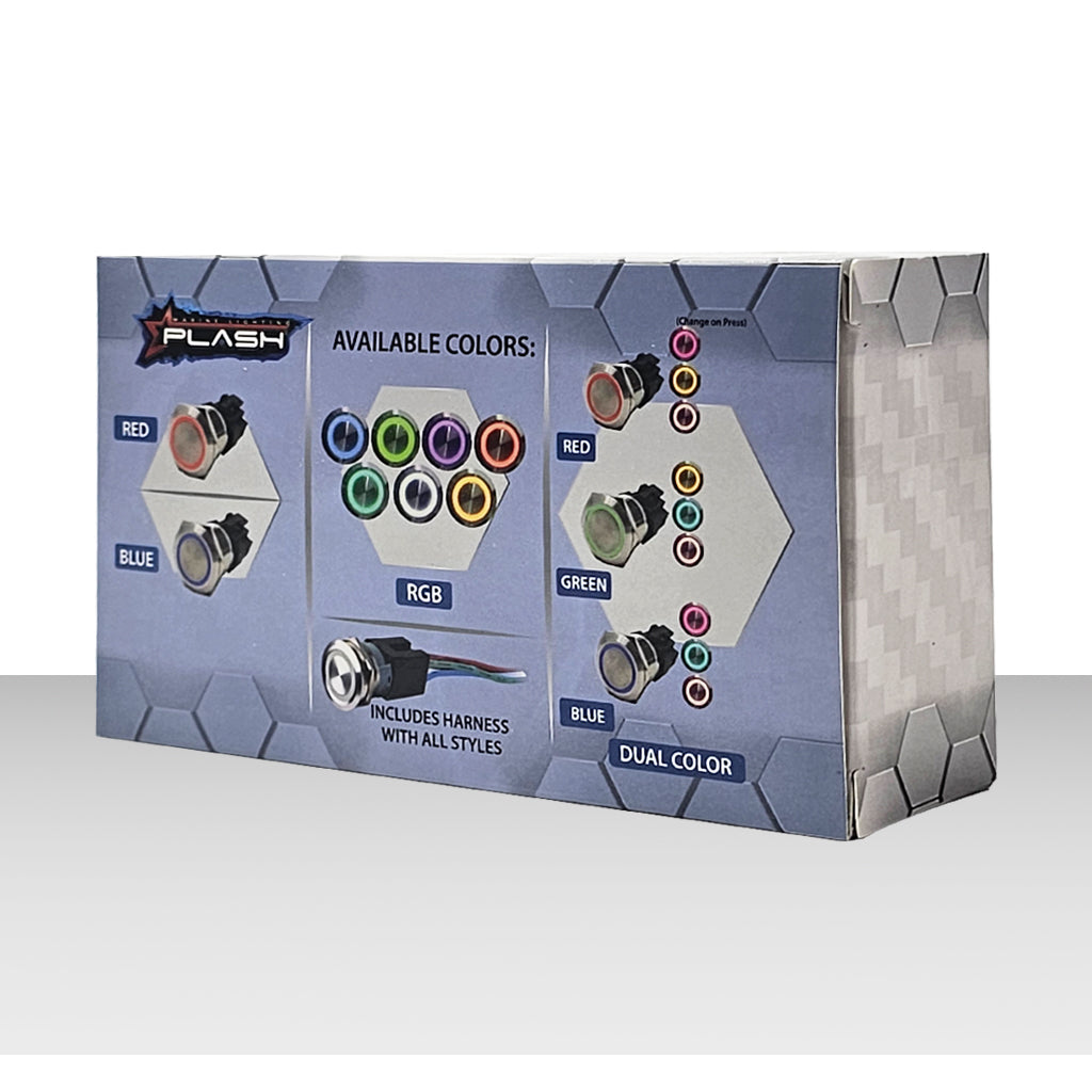 Plash Marine RGB push button switch packaging, showcasing red, blue, green, and dual-color options.