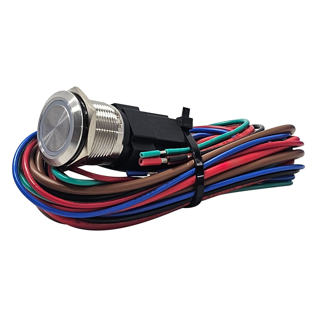 Stainless steel marine push button switch with RGB LED backlit ring and multi-colored wiring harness.