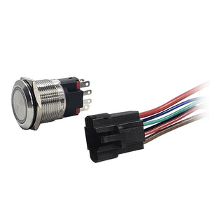 Stainless steel marine RGB push button switch with 22mm button and separate wiring harness.