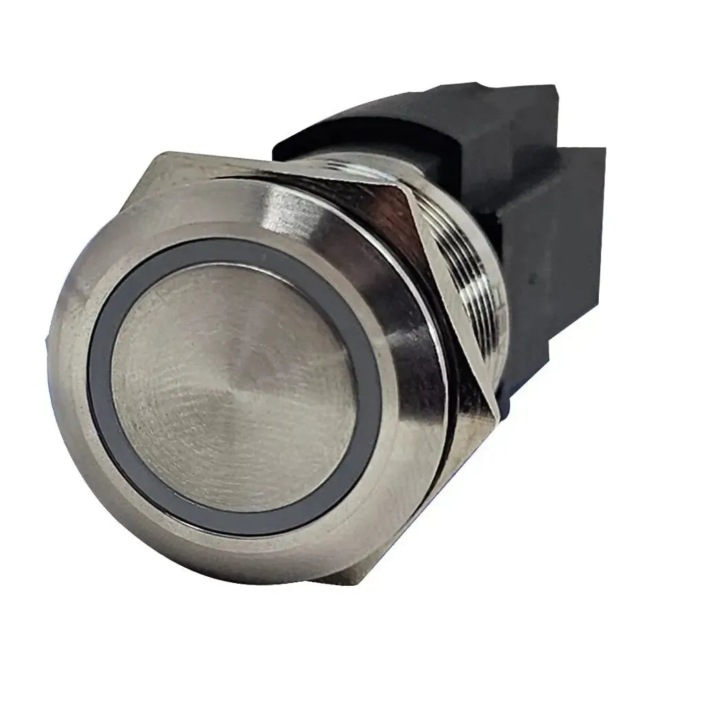 Stainless steel marine push button switch with a 22mm diameter button and LED backlit ring.