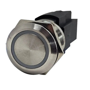 Stainless steel marine push button switch with a 22mm diameter button and LED backlit ring.