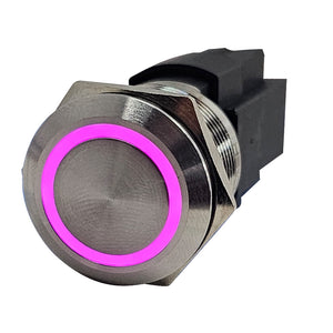 Stainless steel marine push button switch with a bright pink RGB LED backlit ring.