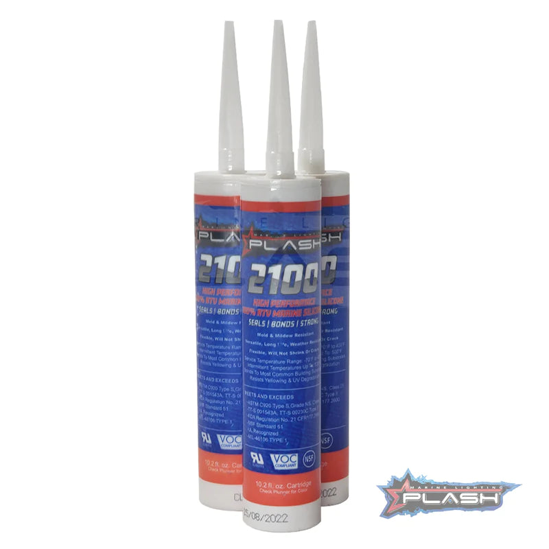 Three white tubes of PlashLights 2100 Marine Silicone Sealant with blue labels, 10.2 fl. oz. cartridges.
