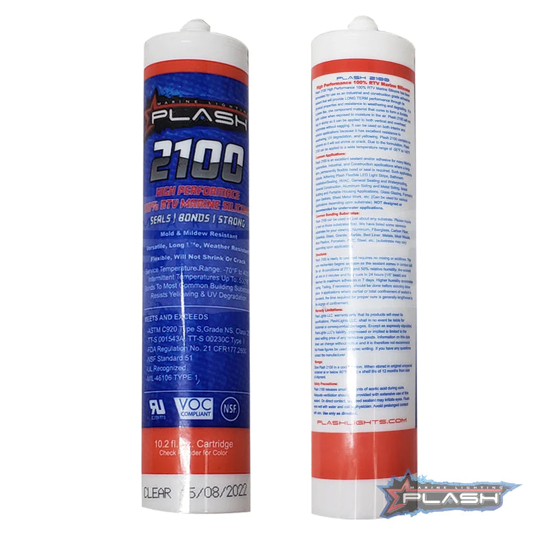 PlashLights 2100 Marine Silicone Sealant, clear 10.2 fl oz cartridge with red and blue label.