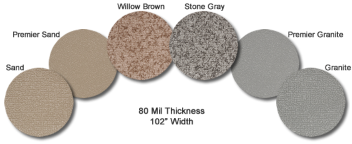 MarineDeck 80 mil vinyl flooring swatches in Sand, Willow Brown, Stone Gray, Premier Granite, and Granite.