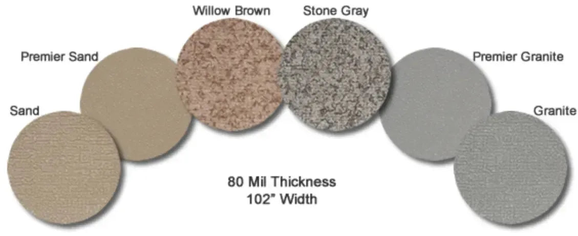 MarineDeck 80 mil vinyl flooring swatches in Sand, Willow Brown, Stone Gray, Premier Granite, and Granite.
