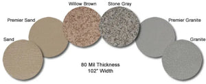 MarineDeck 80 mil vinyl flooring swatches in Sand, Willow Brown, Stone Gray, Premier Granite, and Granite.