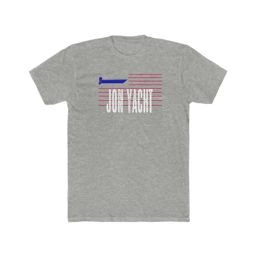 Men's light gray cotton crew neck tee with "JON YACHT" text and boat graphic in blue and red stripes.