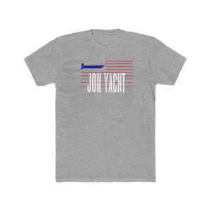Men's light gray cotton crew neck tee with "JON YACHT" text and boat graphic in blue and red stripes.