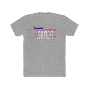 Men's light gray cotton crew neck tee with "JON YACHT" text and boat graphic in blue and red stripes.