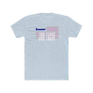 Light blue men's cotton crew neck tee with a blue boat graphic and "JON YACHT" text.