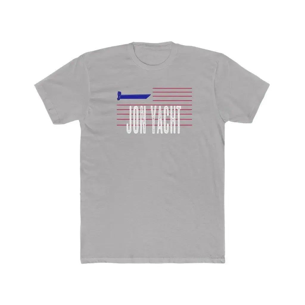 Men's light gray cotton crew neck tee with "JON YACHT" text and blue/red flag graphic.