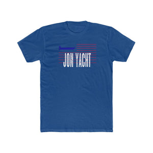 Men's royal blue cotton crew neck tee with "JON YACHT" text and boat graphic.