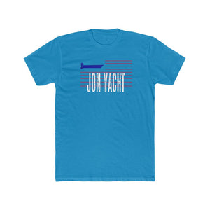 Men's light blue cotton crew neck tee with "JON YACHT" text and boat graphic.