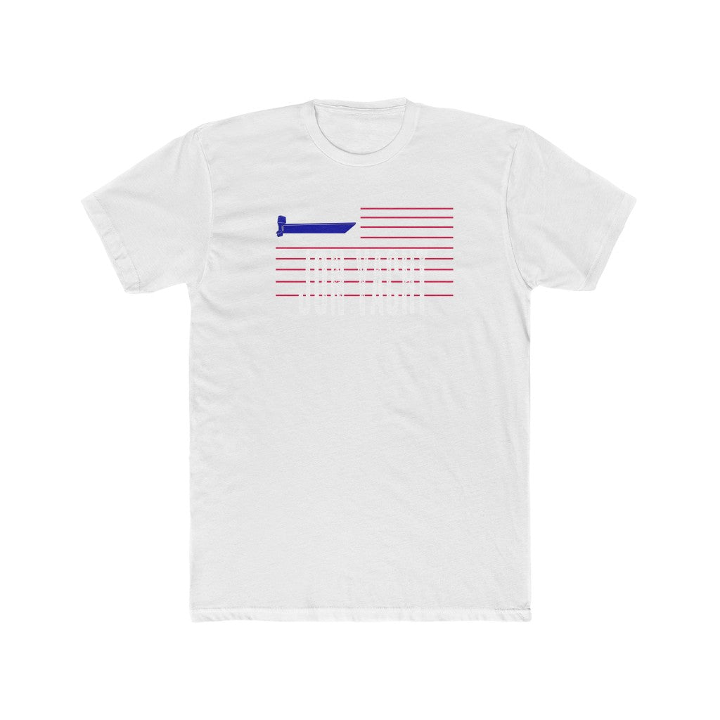 Men's white cotton crew neck tee with a blue and red striped graphic design.