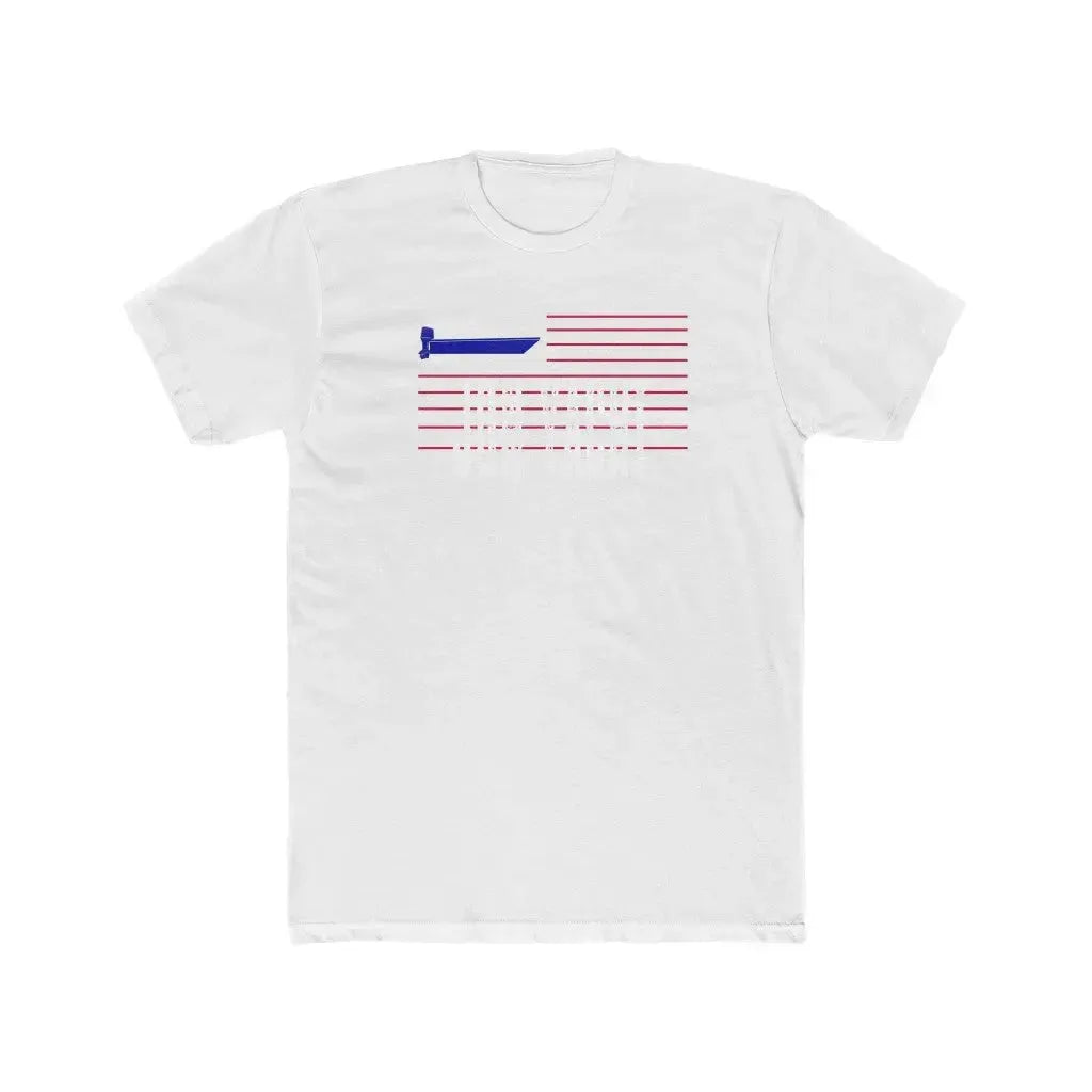 Men's light blue cotton crew neck tee with "JON YACHT" text and boat graphic.