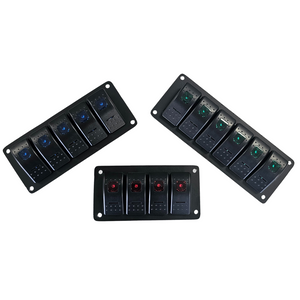 Three black aluminum mini switch panels with blue, green, and red lighted rocker switches.