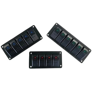 Three black aluminum mini switch panels with blue, green, and red lighted rocker switches.