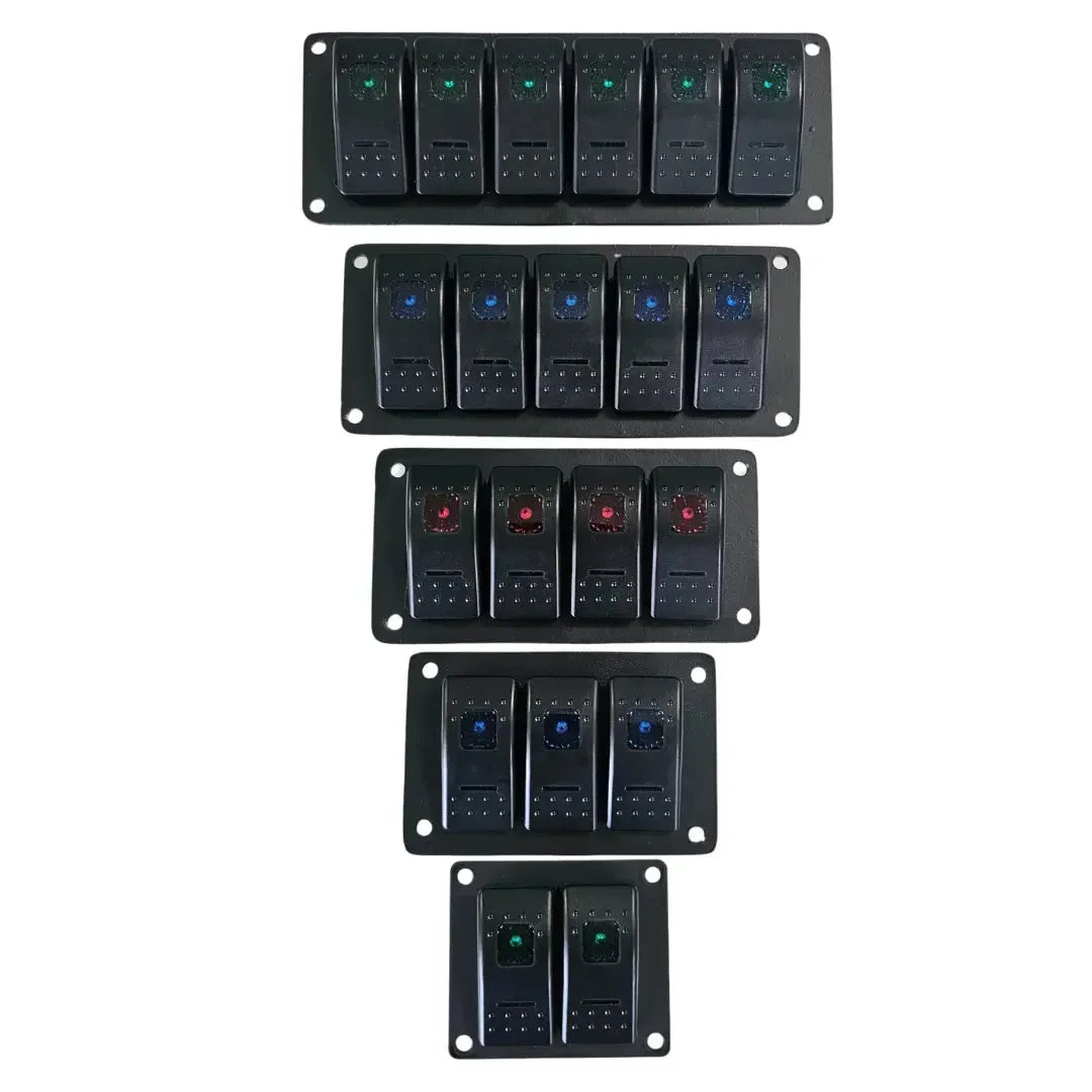 Black aluminum mini switch panels with 2, 3, 4, 5, 6, and 8 lighted rocker switches in green, blue, and red.