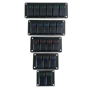 Black aluminum mini switch panels with 2, 3, 4, 5, 6, and 8 lighted rocker switches in green, blue, and red.