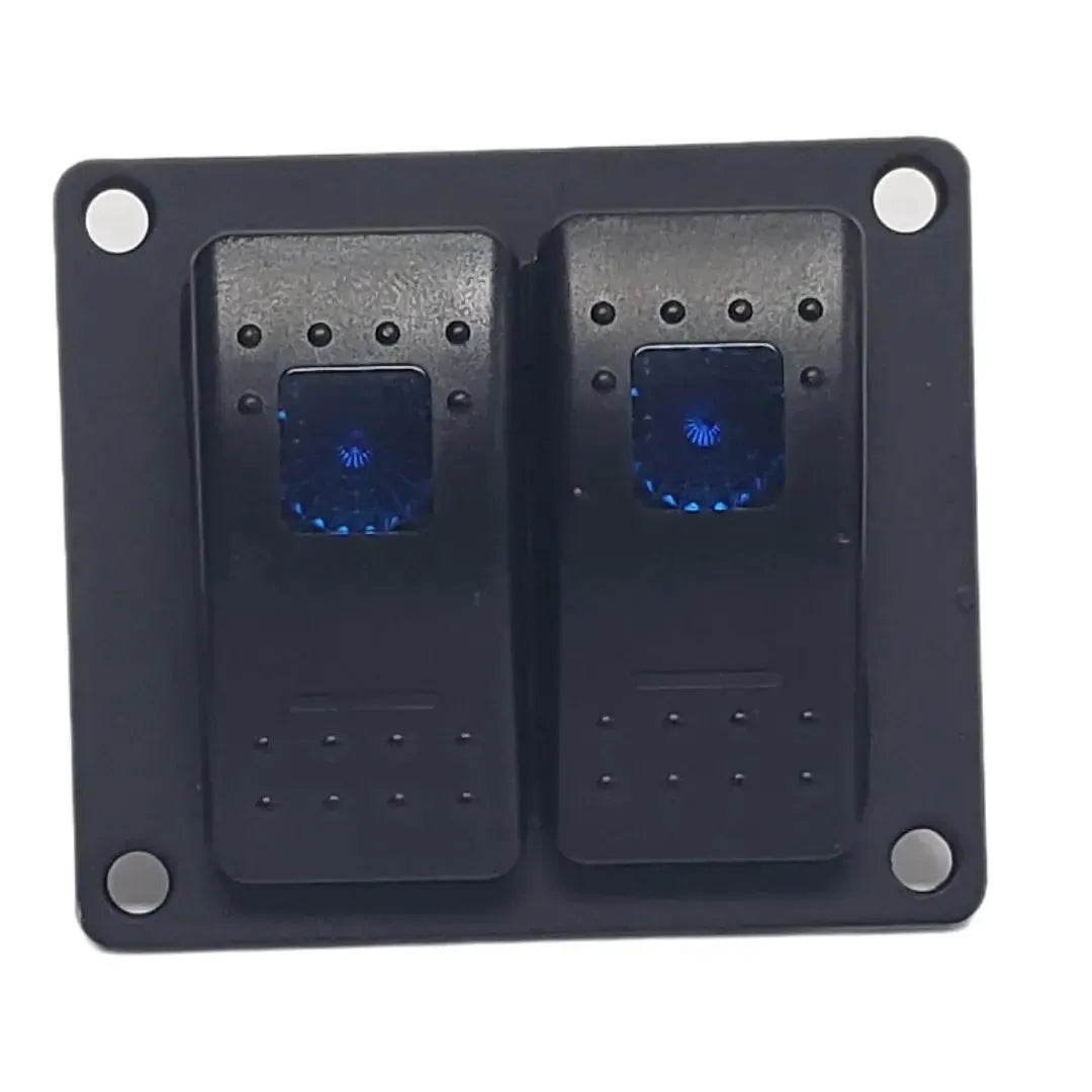 Black solid aluminum mini switch panel with two blue lighted rocker switches and mounting holes.