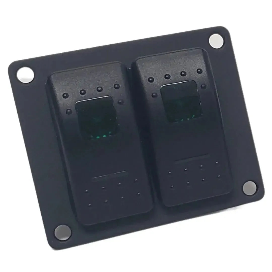 Black aluminum mini switch panel with two lighted rocker switches.