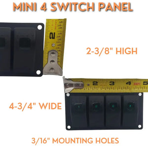 Black aluminum mini 4-switch panel with lighted rocker switches, 2-3/8" high, 4-3/4" wide.