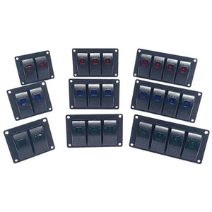 Black aluminum mini switch panels with 2, 3, 4, 5, or 6 lighted rocker switches in red, blue, and green.