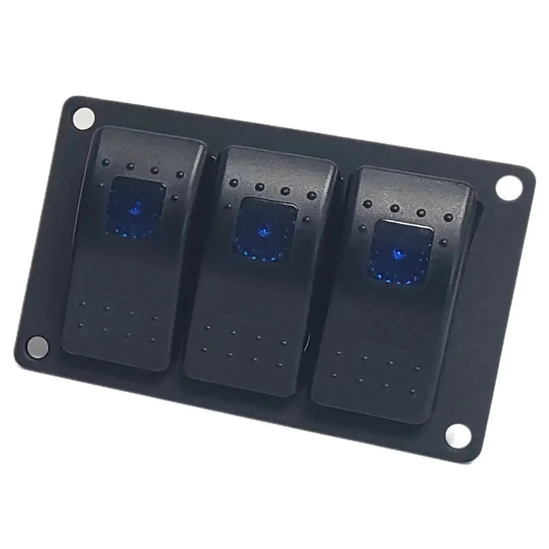 Black aluminum mini switch panel with three blue lighted rocker switches for boats.