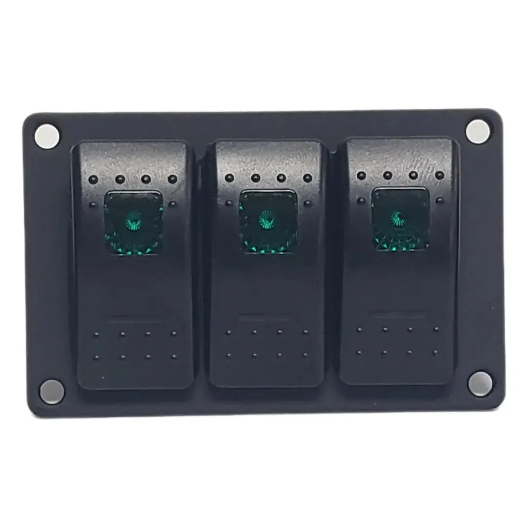 Black aluminum mini switch panel with three green lighted rocker switches.