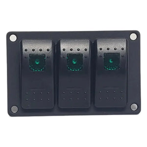 Black aluminum mini switch panel with three green lighted rocker switches.