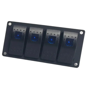 Black aluminum mini switch panel with four blue lighted rocker switches.